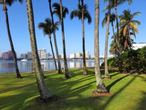 North Miami Beach, FL: A sign reading 'Fianzas' (bail bonds) against a backdrop of city buildings and palm trees.